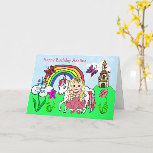 Persoonlijke Unicorn en prinses Birthday Kaart (Gele Bloem)