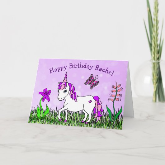 Persoonlijke Unicorn, Flowers, Butterfly Birthday Kaart (Voorkant)