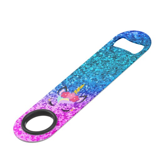 Persoonlijke Unicorn Ombre Glitter Bottle Opene Speed Flessenopener (Voorkant Gekanteld)