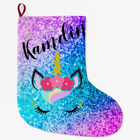 Persoonlijke Unicorn Ombre Glitter Stocking Grote Kerstsok (Voorkant)