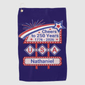 Persoonlijke USA 250 – Patriottische Retro Marquee Golfhanddoek (Voorkant)