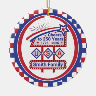 Persoonlijke USA 250–Patriottische Retro Marquee Keramisch Ornament