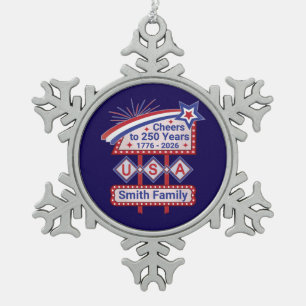 Persoonlijke USA 250 – Patriottische Retro Marquee Tin Sneeuwvlok Ornament