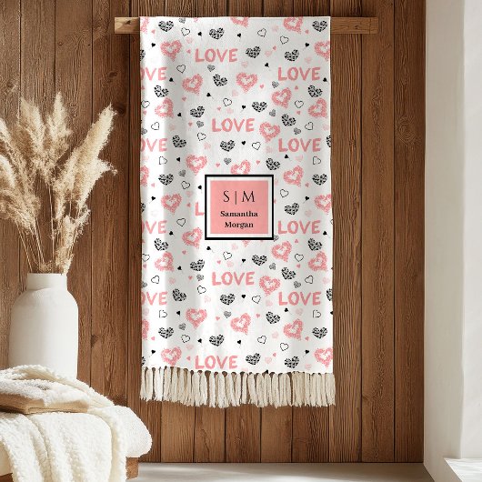 Persoonlijke Valentijnsdeken Roze Zwarte Harten  Fleece Deken