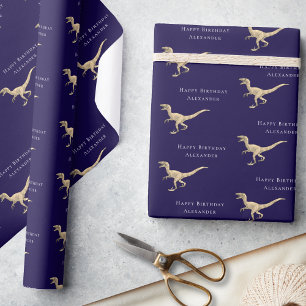 Persoonlijke Verjaardag Dinosaurus Marineblauw Cadeaupapier