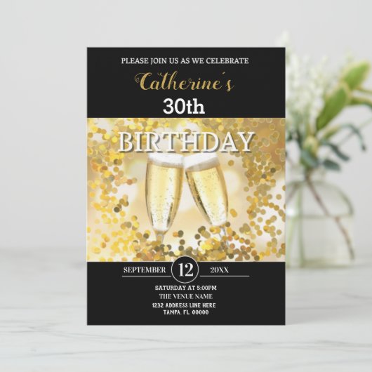 Persoonlijke verjaardag in goud en zwart kaart (Staand voorkant)