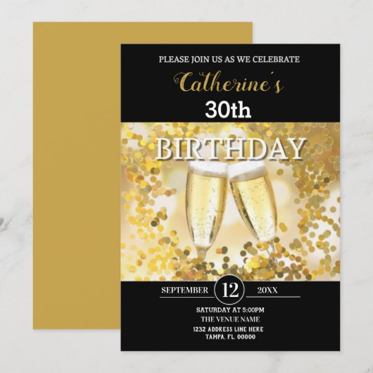 Persoonlijke verjaardag in goud en zwart kaart (Voorkant / Achterkant)