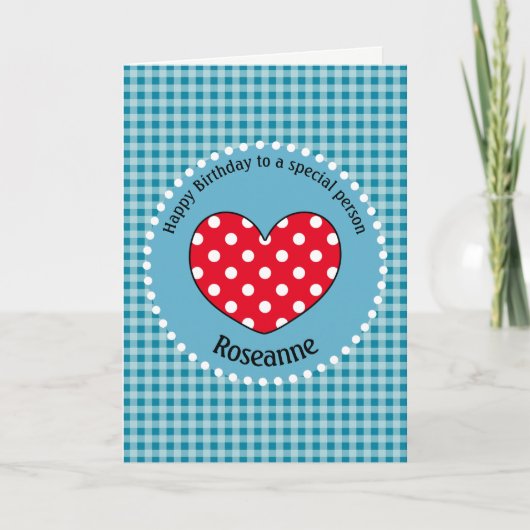 Persoonlijke Verjaardag Stippen Liefdeshart Gingha Kaart (Voorkant)