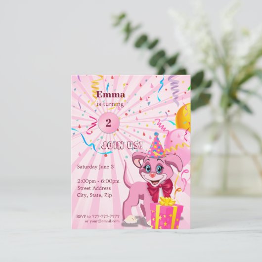 Persoonlijke verjaardags puppy cartoon uitnodiging (Staand voorkant)