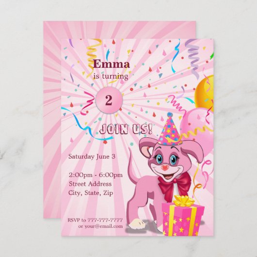 Persoonlijke verjaardags puppy cartoon uitnodiging (Voorkant / Achterkant)