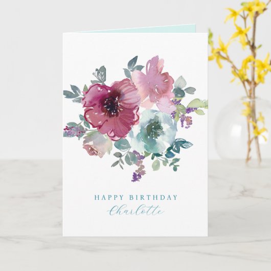 Persoonlijke verjaardagsboeket met teal- en pruimk kaart (Gele Bloem)