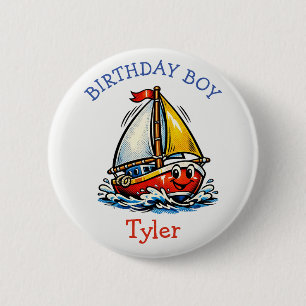 Persoonlijke Verjaardagsjongen Pop Art Zeilboot Ronde Button 5,7 Cm