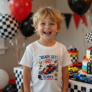 Persoonlijke verjaardagsraceauto   Klaar Af Weg Kinder Shirts