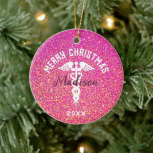 Persoonlijke verpleegster roze glitters Kerstmis Keramisch Ornament