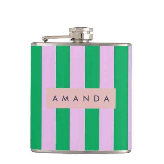 Persoonlijke verse groene en roze gestreepte retro heupfles (Voorkant)