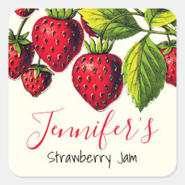 Persoonlijke vintage aardbeienjam inmaakpot vierkante sticker