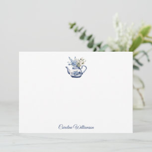 Persoonlijke vintage bloemenvormige theepot blauw notitiekaartje