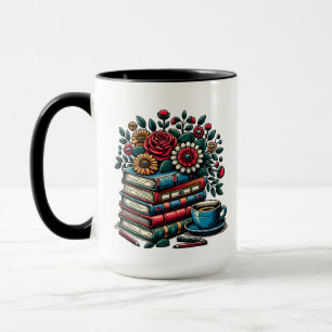 Persoonlijke vintage boeken, koffie en bloemen mok