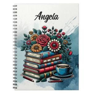 Persoonlijke vintage boeken, koffie en bloemen notitieboek