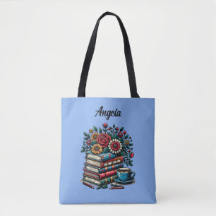 Persoonlijke vintage boeken, koffie en bloemen tote bag