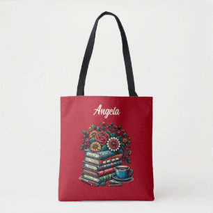 Persoonlijke vintage boeken, koffie en bloemen tote bag