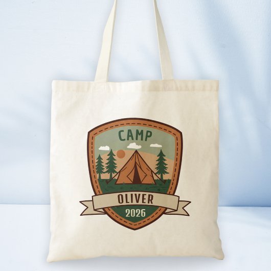 Persoonlijke vintage-campingbadge tote bag