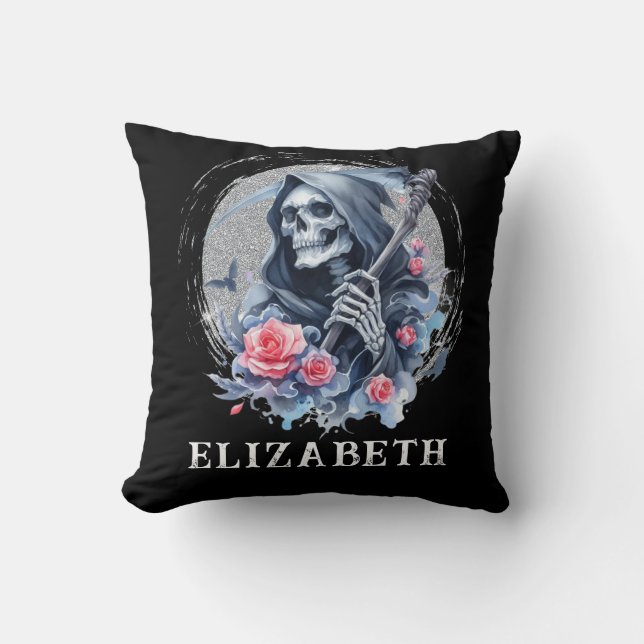 Persoonlijke Vintage Grim Reaper Bloem Glitter Kussen (Voorkant)