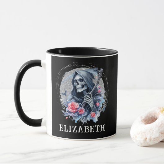Persoonlijke Vintage Grim Reaper Bloem Glitter Mok (Met donut)