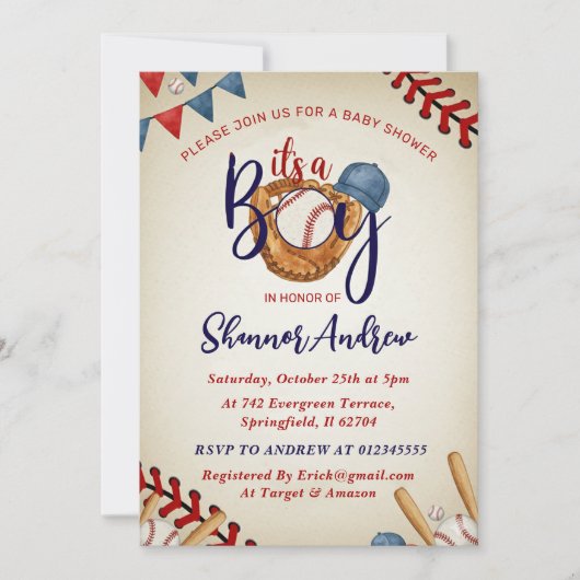 Persoonlijke Vintage Honkbal Baby Shower Bundel Kaart (Voorkant)