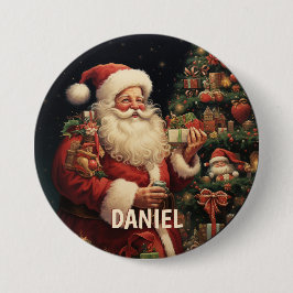 Persoonlijke Vintage Kerstman Naam Ronde Button 7,6 Cm