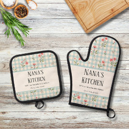 Persoonlijke Vintage Landelijke Blauwe Gingham Blo Ovenwant & Pannenlap Set