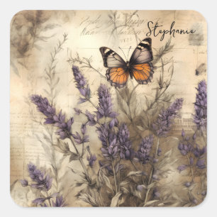 Persoonlijke Vintage Lavendel Vlinder Kunst Vierkante Sticker