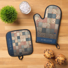 Persoonlijke Vintage Patchwork Familie Keuken Ovenwant & Pannenlap Set