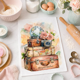 Persoonlijke vintage reisillustratie theedoek