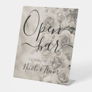 Persoonlijke Vintage Sepia Bloemen Bruiloft Open B Reclamebord Met Voetstuk
