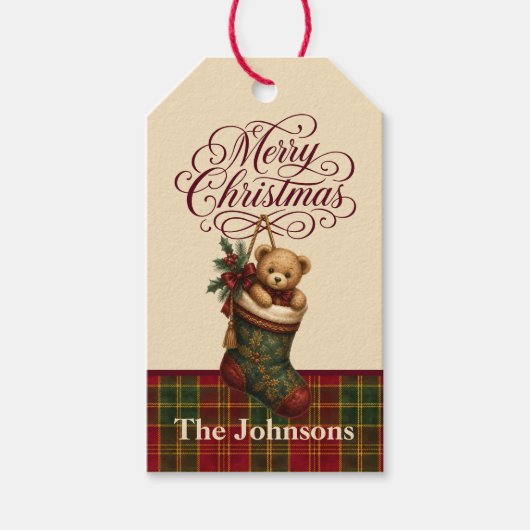 Persoonlijke vintage teddybeer kerstsok cadeaulabel (Voorkant)