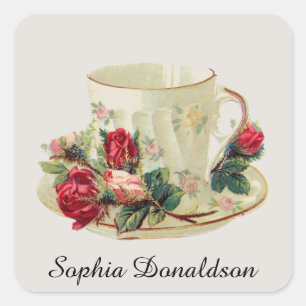 Persoonlijke vintage theekop en rozen sticker