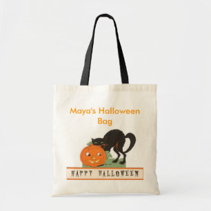 Persoonlijke vintage zwarte kat Halloween retro Tote Bag