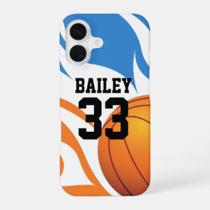 Persoonlijke Vlammende Basketbal Blauw en Oranje iPhone 16 Hoesje