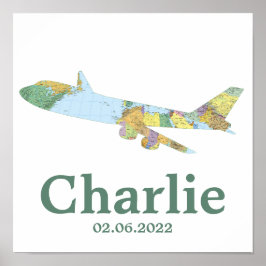 Persoonlijke vliegtuig- nursery decor met kaart  poster