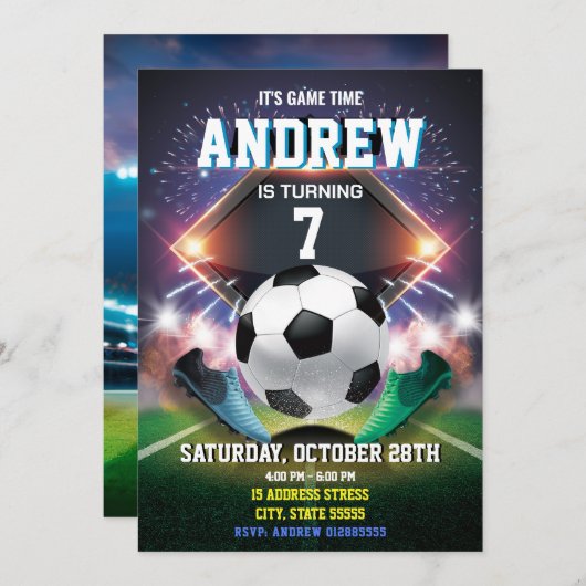 Persoonlijke Voetbal Verjaardag Afdrukbare uitnodi Kaart (Voorkant / Achterkant)