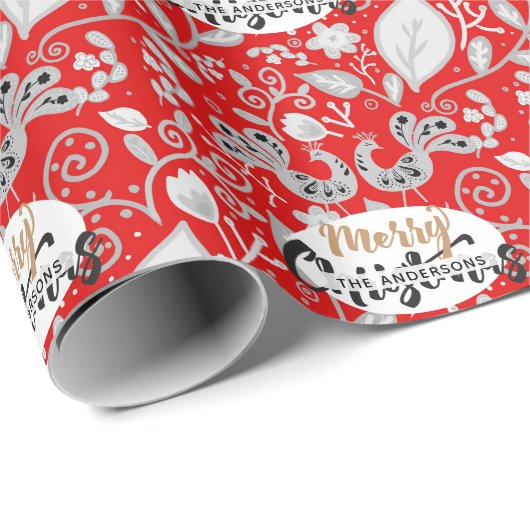 Persoonlijke Volkskunst Kerst Rood Witte Vogels Cadeaupapier (Rol Hoek)