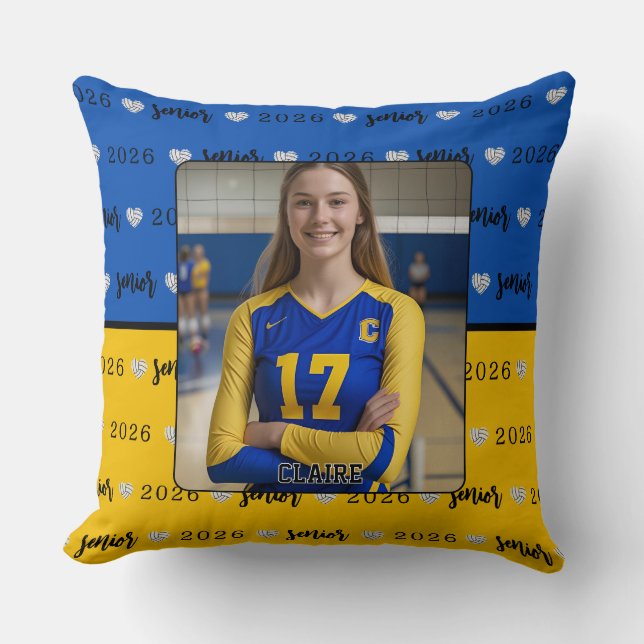 Persoonlijke Volleybal Blauwe en Gele Senior Kussen (Voorkant)