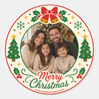 Persoonlijke Vrolijk Kerstmis Familie Foto Cirkel Ronde Sticker