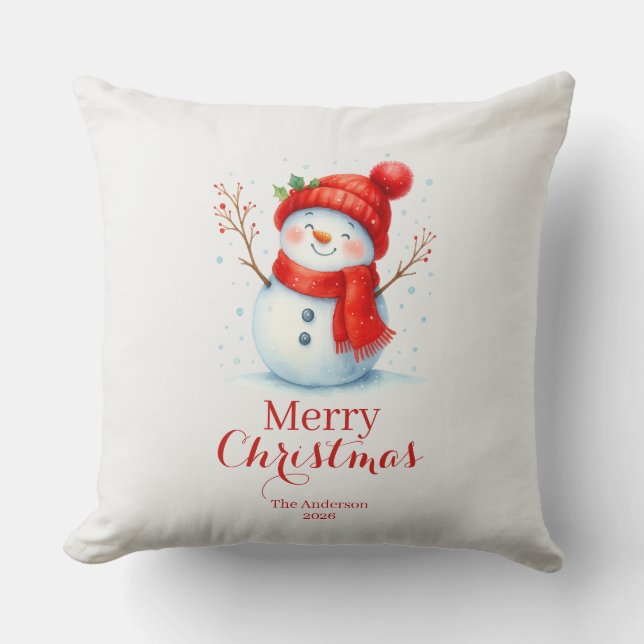 Persoonlijke Vrolijk Kerstmis Sneeuwman Aangepast  Kussen (Voorkant)