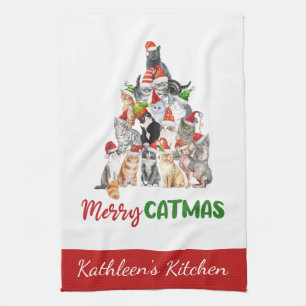 Persoonlijke vrolijke Kattasmus Grappige Kat Kerst Theedoek
