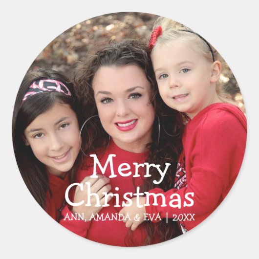 Persoonlijke vrolijke kerst familie foto ronde sticker (Voorkant)