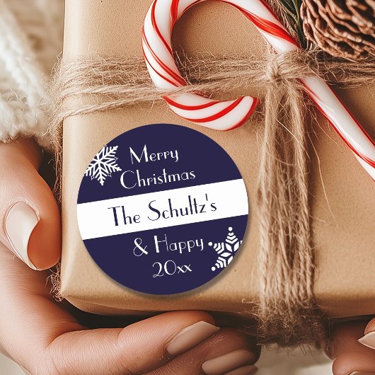 Persoonlijke vrolijke kerst-sneeuwvlok ronde sticker