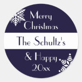 Persoonlijke vrolijke kerst-sneeuwvlok ronde sticker (Voorkant)