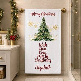 Persoonlijke vrolijke kerst waterverf boom badhanddoek